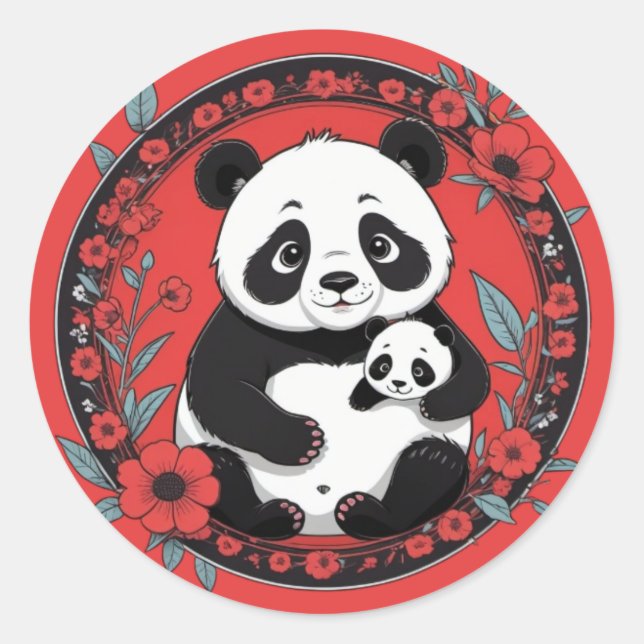 Cute Panda holding baby with red flowers Classic Round Sticker (Front)