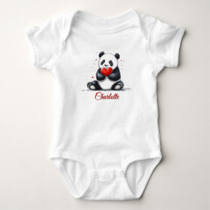 Cute Panda Holding Heart with Customizable Name Baby Bodysuit