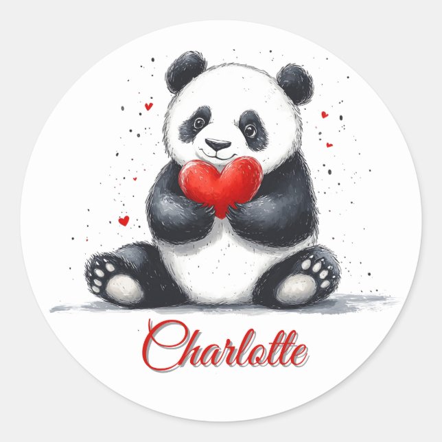 Cute Panda Holding Heart with Customizable Name Classic Round Sticker (Front)