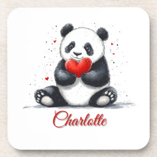 Cute Panda Holding Heart with Customizable Name Coaster