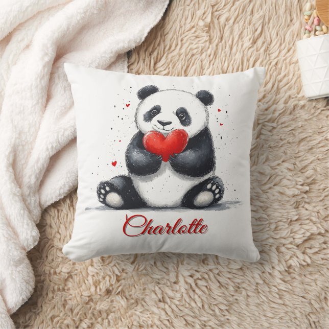 Cute Panda Holding Heart with Customizable Name Cushion (Blanket)
