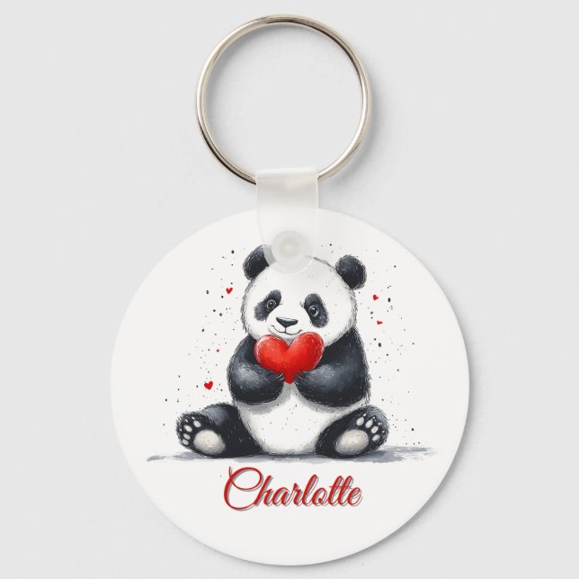 Cute Panda Holding Heart with Customizable Name Key Ring (Front)