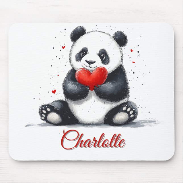Cute Panda Holding Heart with Customizable Name Mouse Mat (Front)