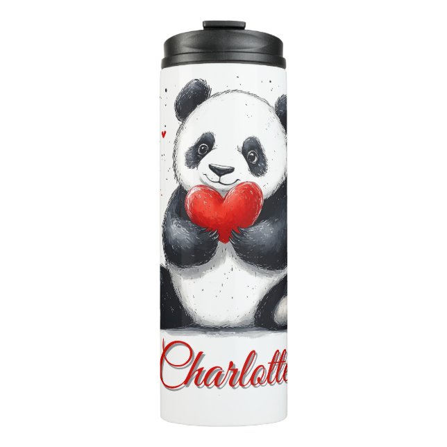 Cute Panda Holding Heart with Customizable Name Thermal Tumbler (Front)