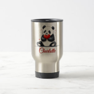 Cute Panda Holding Heart with Customizable Name Travel Mug