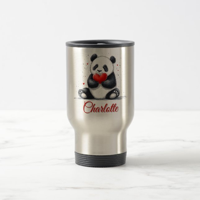 Cute Panda Holding Heart with Customizable Name Travel Mug (Center)