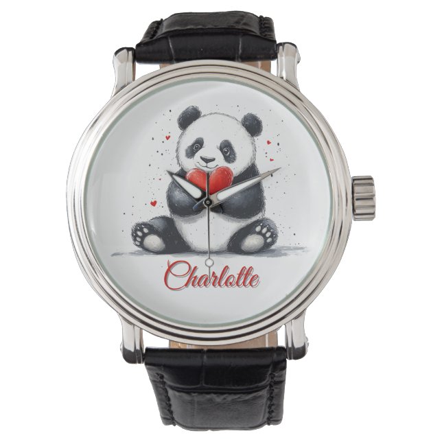 Cute Panda Holding Heart with Customizable Name Watch (Front)