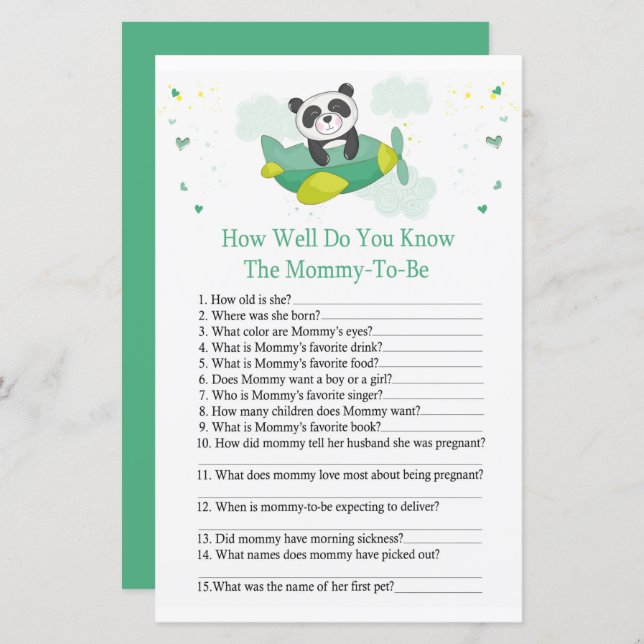 Cute panda How well do you know baby shower game (Front/Back)