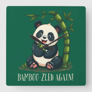 Cute Panda Illustration Whimsical Bamboo Pun Art Square Wall Clock
