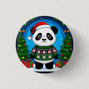Cute Panda In Christmas Sweater Wears Santa Hat 3 Cm Round Badge