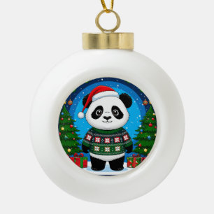 Cute Panda In Christmas Sweater Wears Santa Hat Ceramic Ball Christmas Ornament