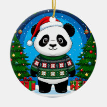Cute Panda In Christmas Sweater Wears Santa Hat