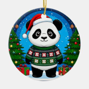 Cute Panda In Christmas Sweater Wears Santa Hat Ceramic Tree Decoration