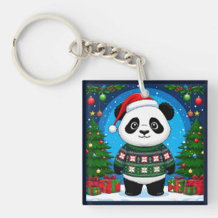 Cute Panda In Christmas Sweater Wears Santa Hat Key Ring