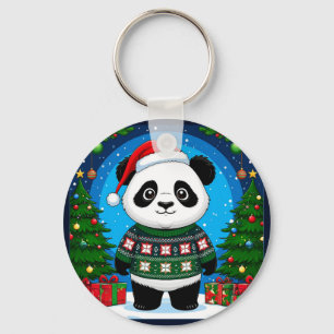 Cute Panda In Christmas Sweater Wears Santa Hat Key Ring
