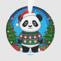 Cute Panda In Christmas Sweater Wears Santa Hat