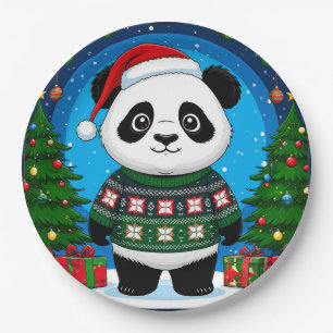 Cute Panda In Christmas Sweater Wears Santa Hat Paper Plate