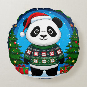 Cute Panda In Christmas Sweater Wears Santa Hat Round Cushion
