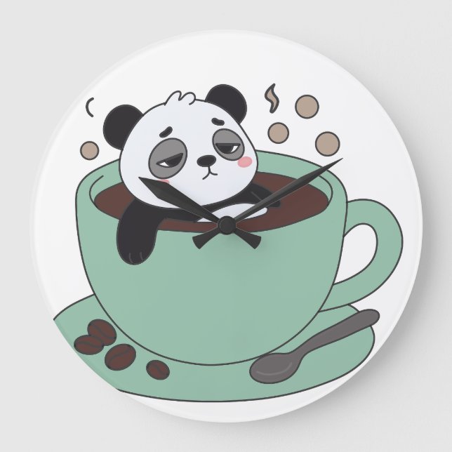 Cute Panda In Coffee Cup Coffee Lover Gift Large Clock (Front)