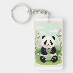 Cute Panda In Garden  Key Ring