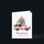 Cute Panda in Pink Vintage Truck Christmas  Card<br><div class="desc">Cute Panda in Pink Vintage Van Christmas Greeting Card. Watercolor drawing of a cute white panda bear in a pink vintage truck and Christmas trees with ribbons. Personalised text.</div>