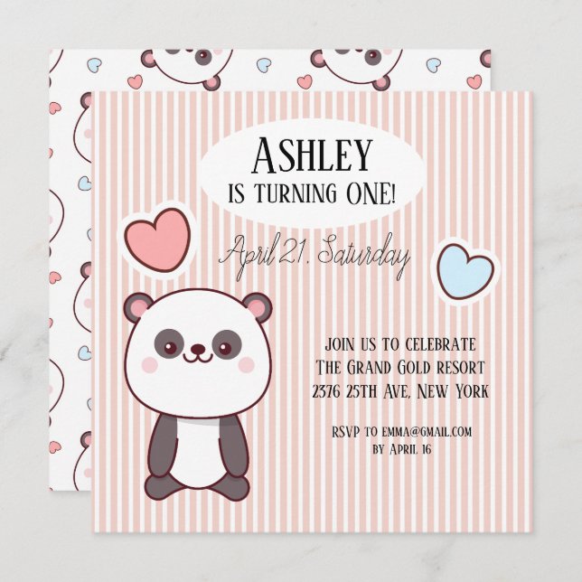 Cute Panda Kawaii 1st Birthday  Invitation (Front/Back)