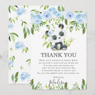 Cute Panda Light Blue Floral Greenery Baby Shower  Thank You Card