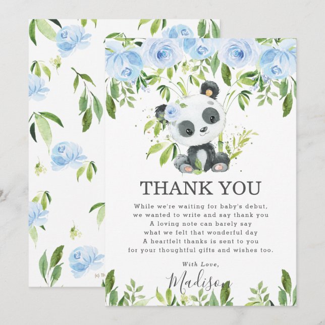 Cute Panda Light Blue Floral Greenery Baby Shower  Thank You Card (Front/Back)