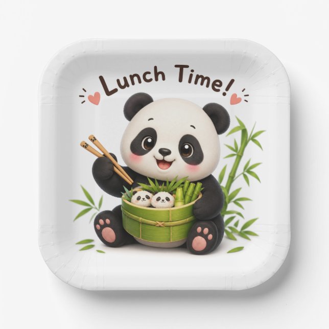 Cute Panda "Lunch Time!" Bamboo Bowl Paper Plates (Front)