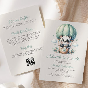 Cute Panda Mint Green Balloon QR Code Baby Shower Invitation