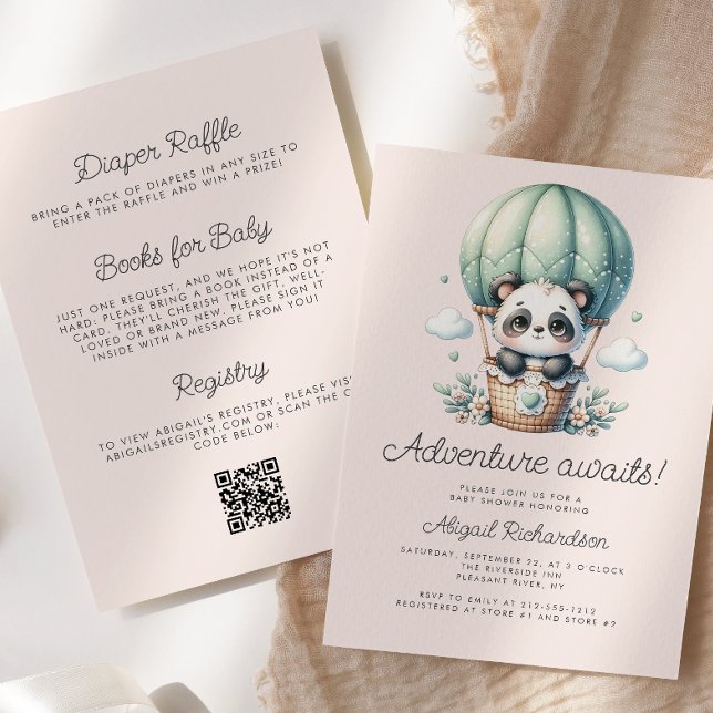 Cute Panda Mint Green Blush QR Code Baby Shower Invitation (Creator Uploaded)