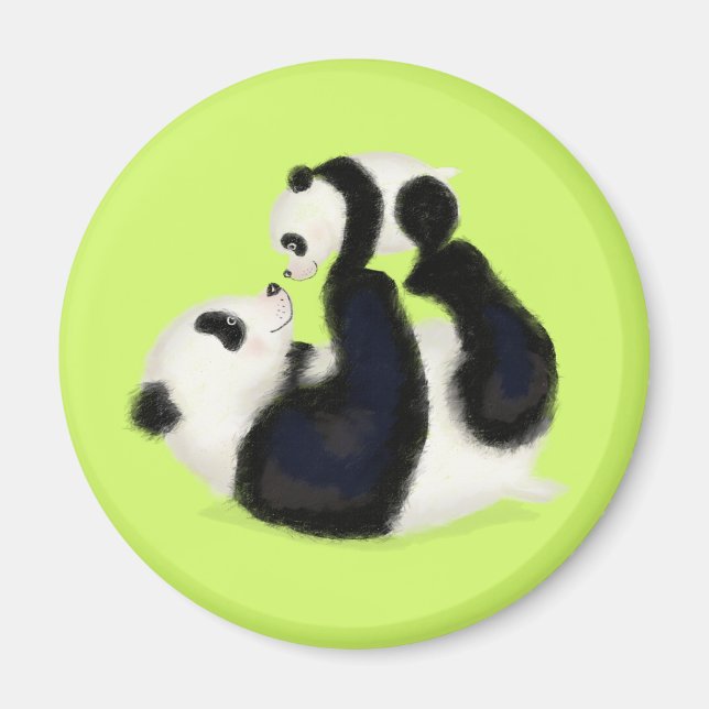 Cute panda mother and cub round magnet (lime) (Front)