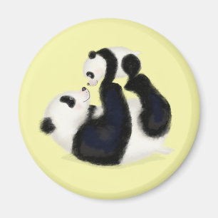 Cute panda mother and cub round magnet (yellow)