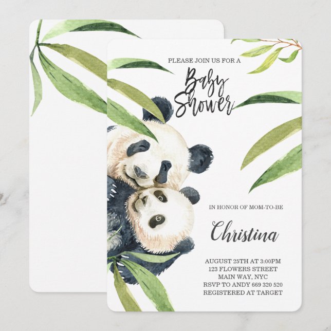 Cute Panda Mum & Baby Eucalyptus Baby Shower Invitation (Front/Back)