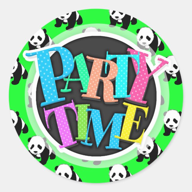 Cute Panda; Neon Green, Black & White Classic Round Sticker (Front)