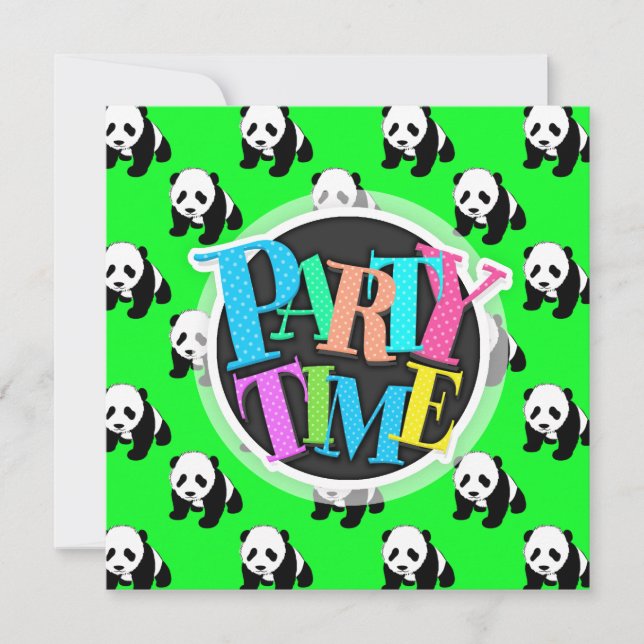 Cute Panda; Neon Green, Black & White Invitation (Front)