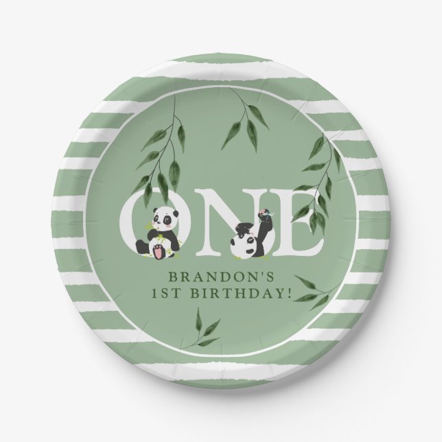 Cute Panda Neutral 1st Birthday Party 'ONE' Paper Plate (Front)