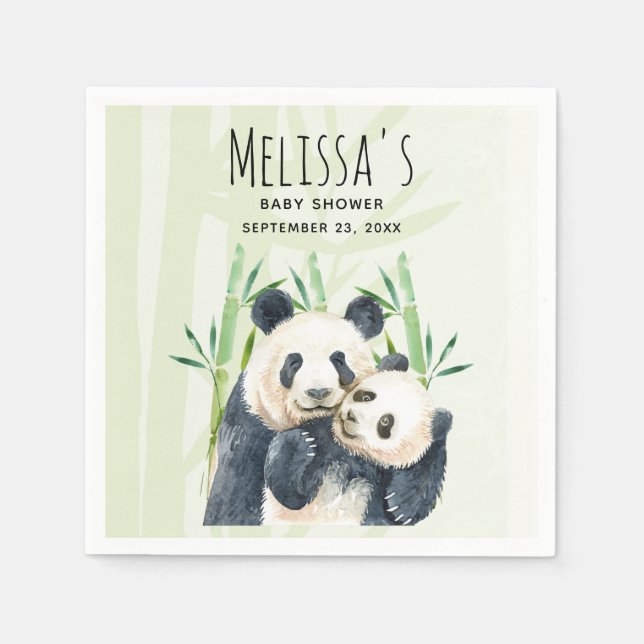 Cute Panda Pair & Bamboo Watercolor Baby Shower Napkin (Front)
