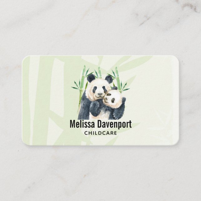 Cute Panda Pair & Bamboo Watercolor Business Card (Front)