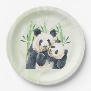 Cute Panda Pair & Bamboo Watercolor Paper Plate