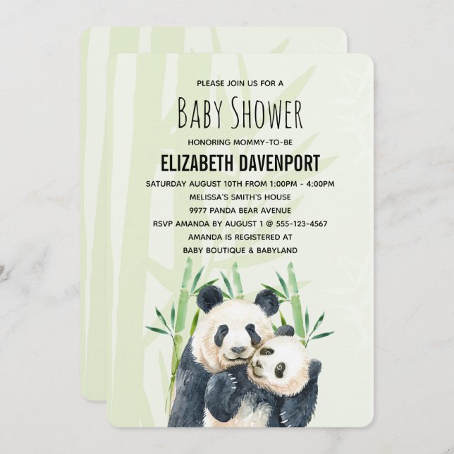 Cute Panda Pair in Bamboo Watercolor Baby Shower Invitation (Front/Back)