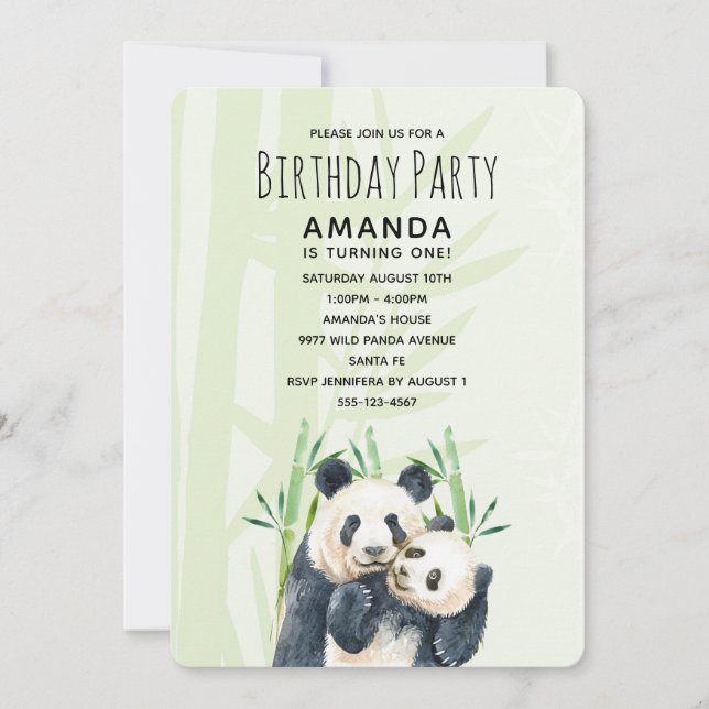 Cute Panda Pair in Bamboo Watercolor Birthday Invitation (Front)