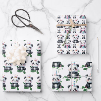Cute Panda Pattern Bear with Greenery & Gifts Wrapping Paper Sheet