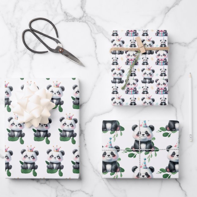 Cute Panda Pattern Bear with Greenery & Gifts Wrapping Paper Sheet (Front)