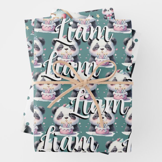 Cute Panda Pattern Birthday Boy Green Wrapping Paper Sheet (In situ)