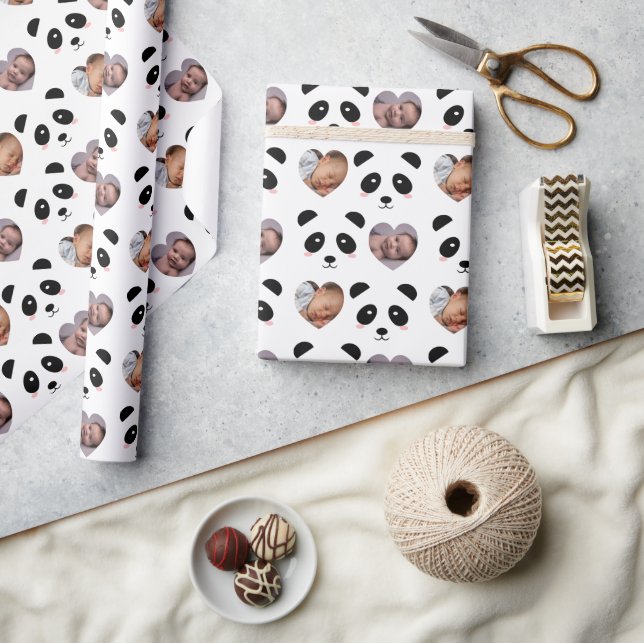 Cute Panda Pattern Black and White Photo Wrapping Paper (Crafts)