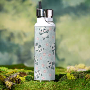 Cute Panda Paws and Bamboo Seamless Pattern Water Bottle
