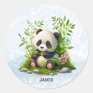 Cute Panda Personalised Pink Floral Bamboo Classic Round Sticker