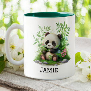 Cute Panda Personalized Floral Bamboo Two-Tone Coffee Mug