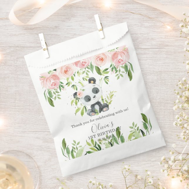 Cute Panda Pink Floral Bamboo Baby Shower Birthday Favour Bags (Clipped)